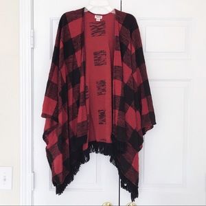 Red & Black Buffalo Plaid Shawl with Fringe